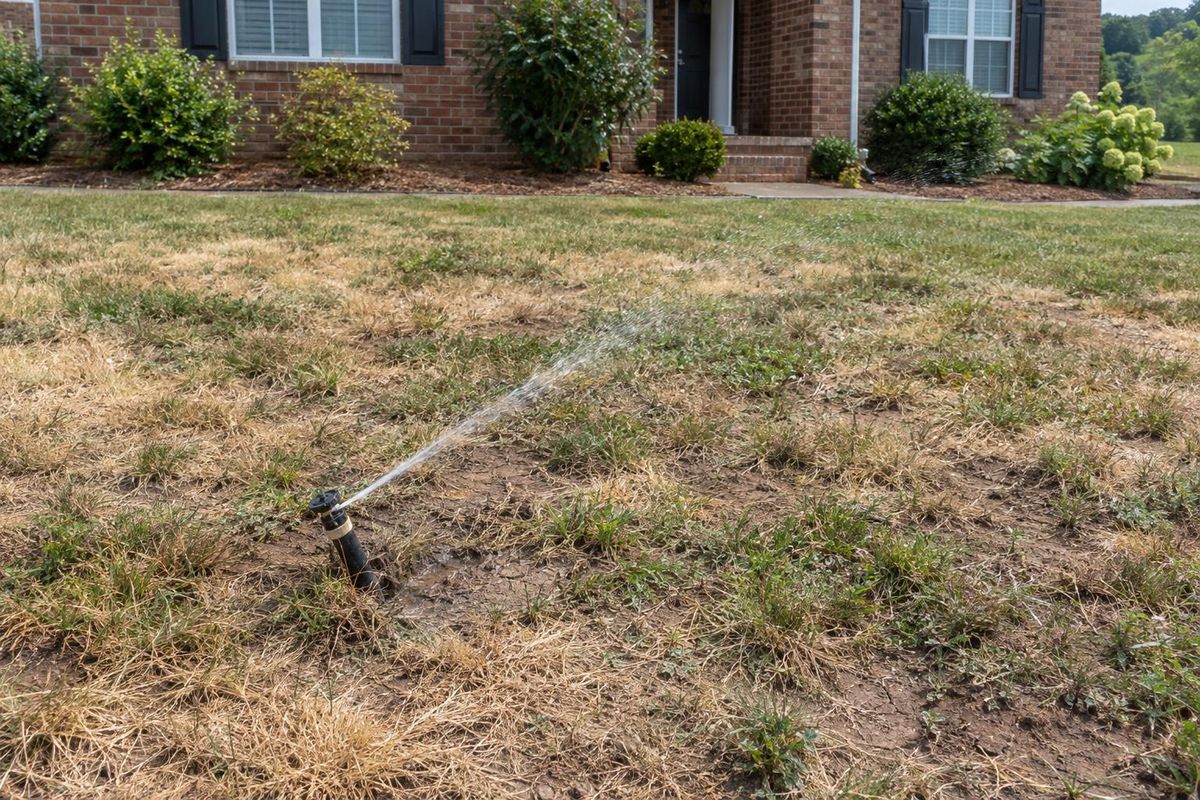 Dry, patchy lawn, now evenly watered, before